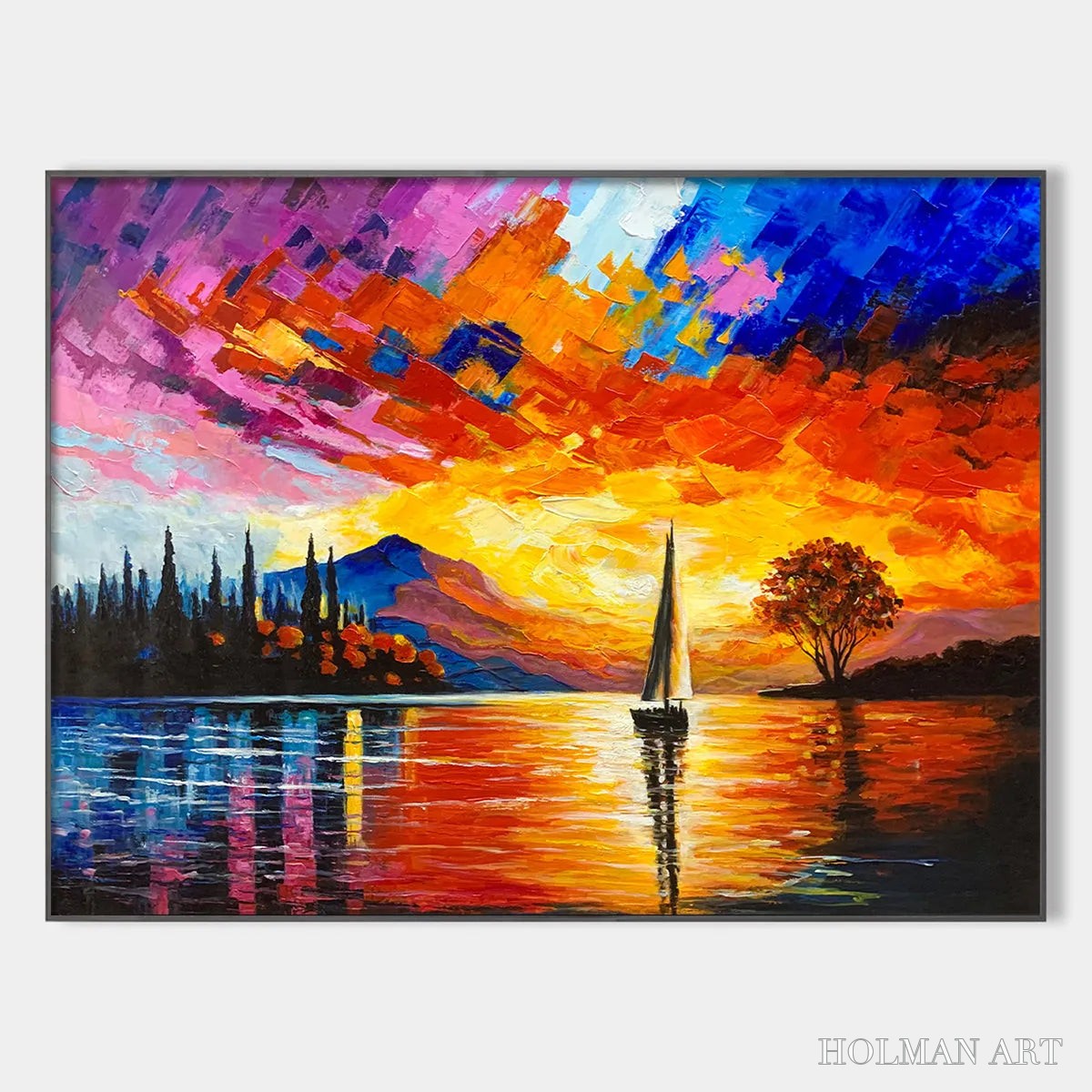 HOLMAN ART Sailing At Sunset – Square Impasto Landscape Painting of a Tranquil Lake - image 1