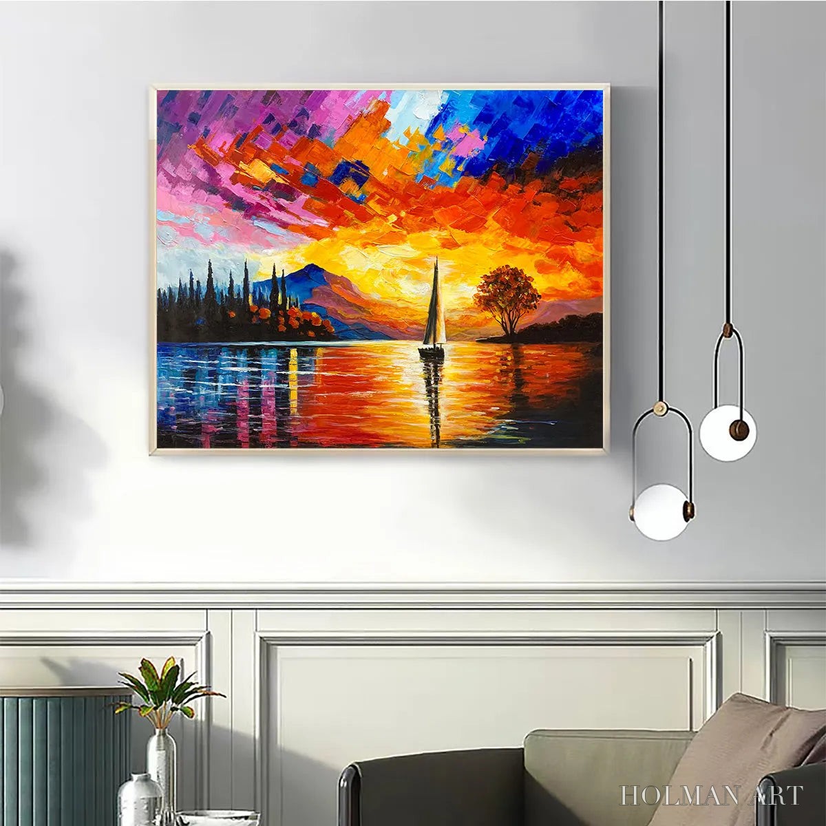 HOLMAN ART Sailing At Sunset – Square Impasto Landscape Painting of a Tranquil Lake - image 2