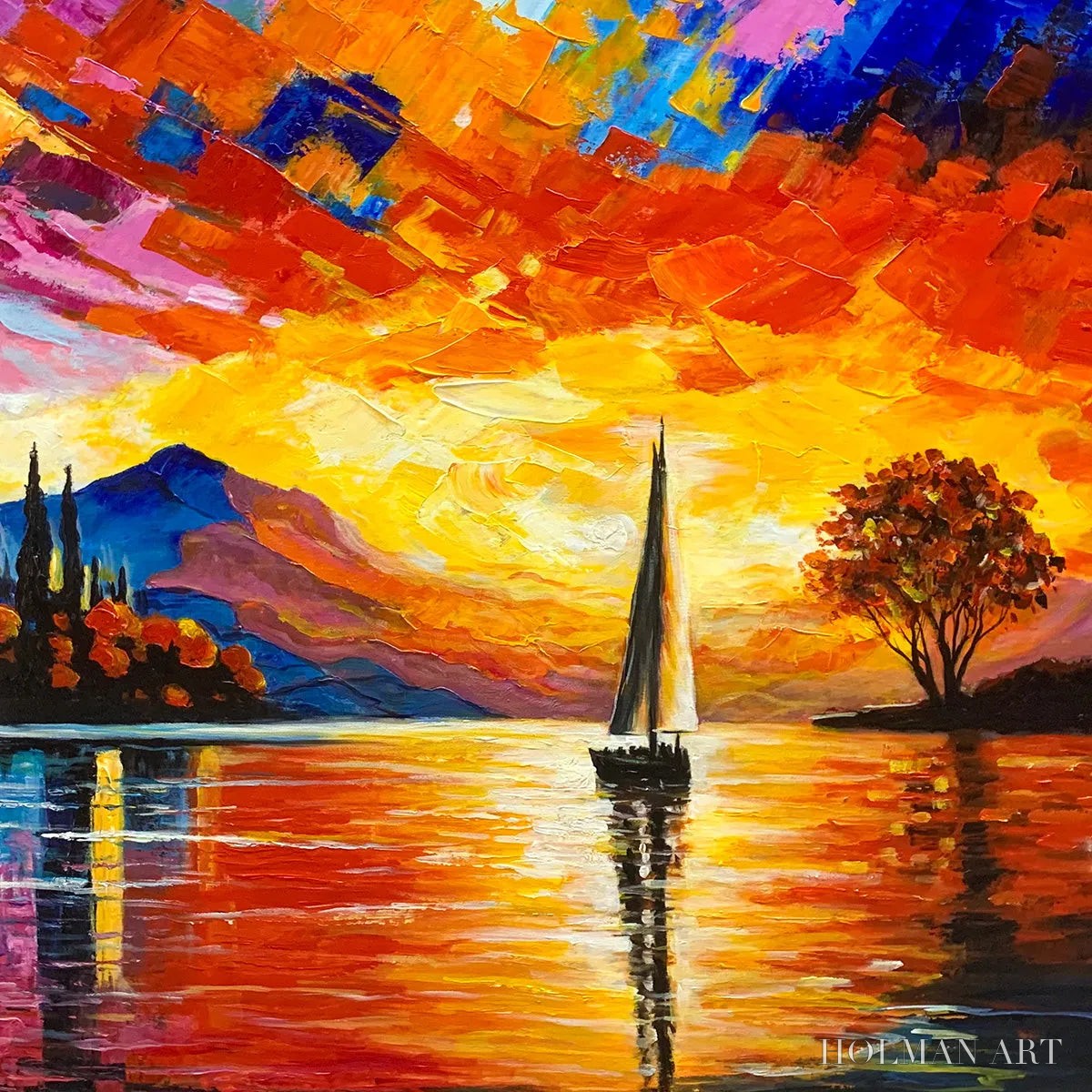 HOLMAN ART Sailing At Sunset – Square Impasto Landscape Painting of a Tranquil Lake - image 3