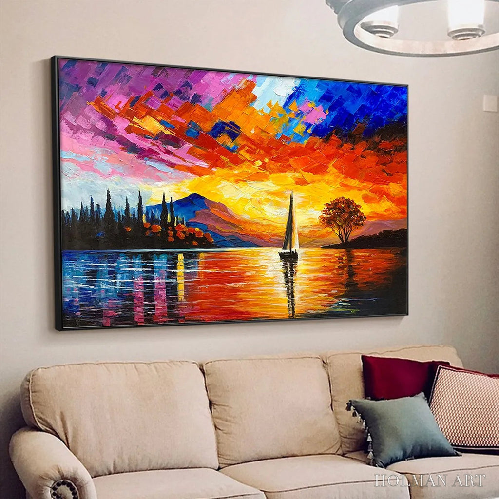 HOLMAN ART Sailing At Sunset – Square Impasto Landscape Painting of a Tranquil Lake - image 4