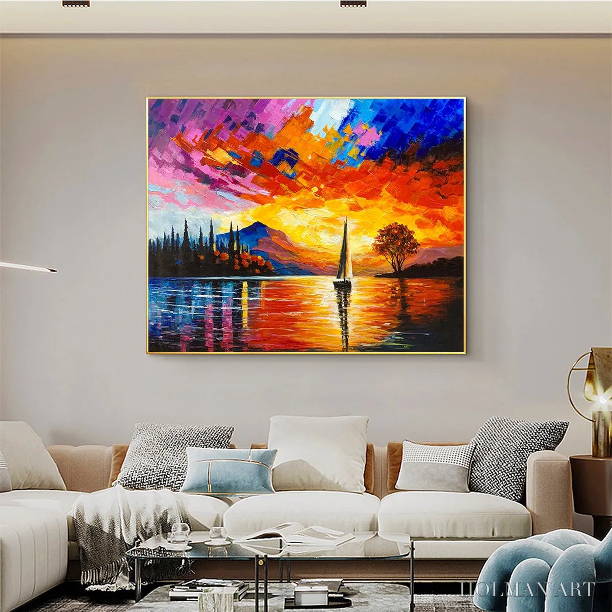 HOLMAN ART Sailing At Sunset – Square Impasto Landscape Painting of a Tranquil Lake - image 6