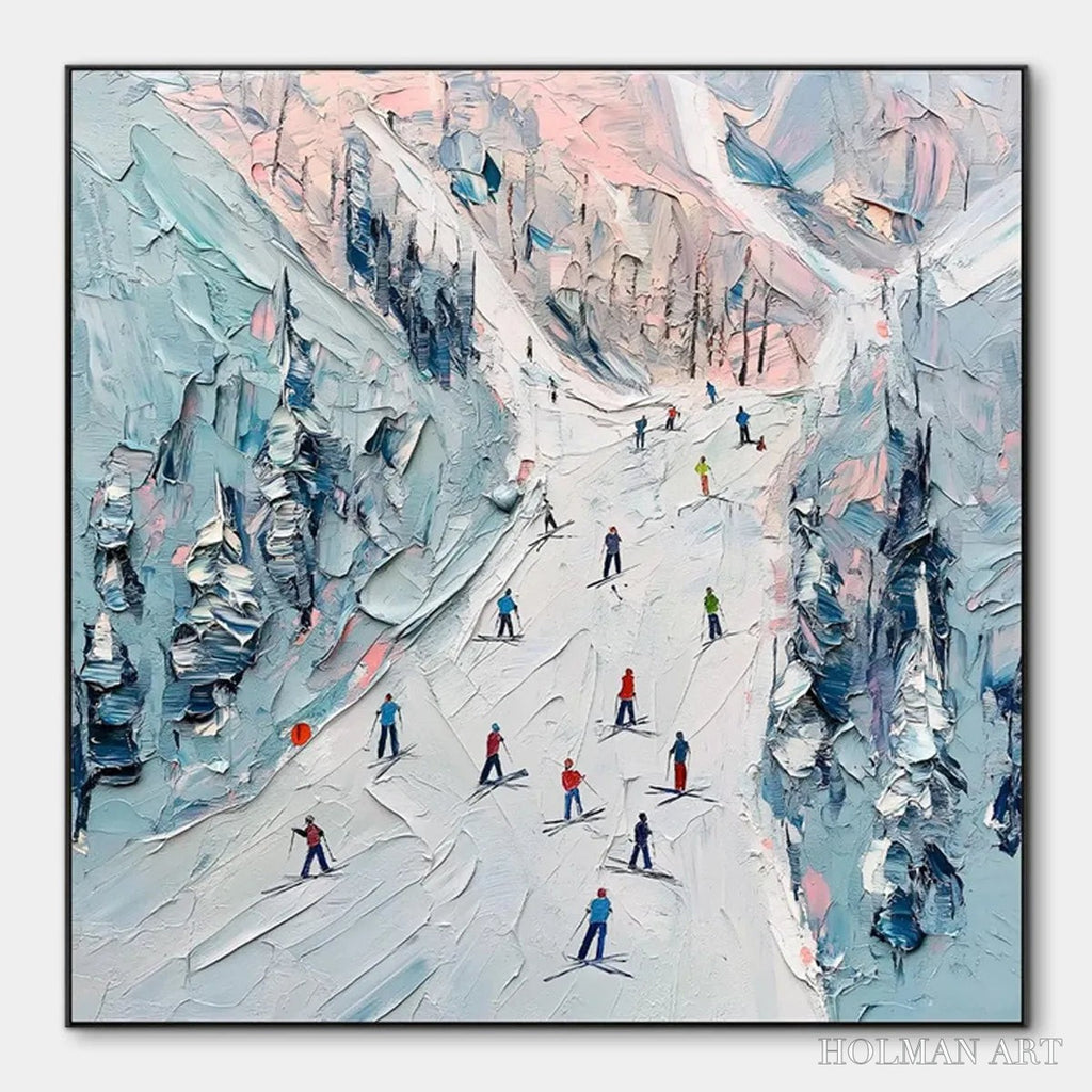 HOLMAN ART Slope Life – Textured Impasto Ski Slope Scene on Square Canvas - image 1