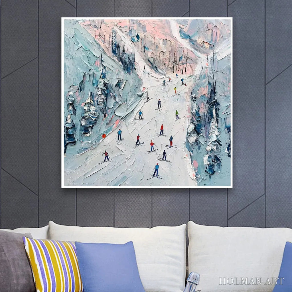 HOLMAN ART Slope Life – Textured Impasto Ski Slope Scene on Square Canvas - image 2