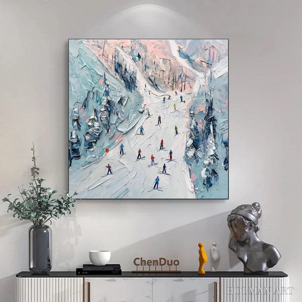 HOLMAN ART Slope Life – Textured Impasto Ski Slope Scene on Square Canvas - image 4