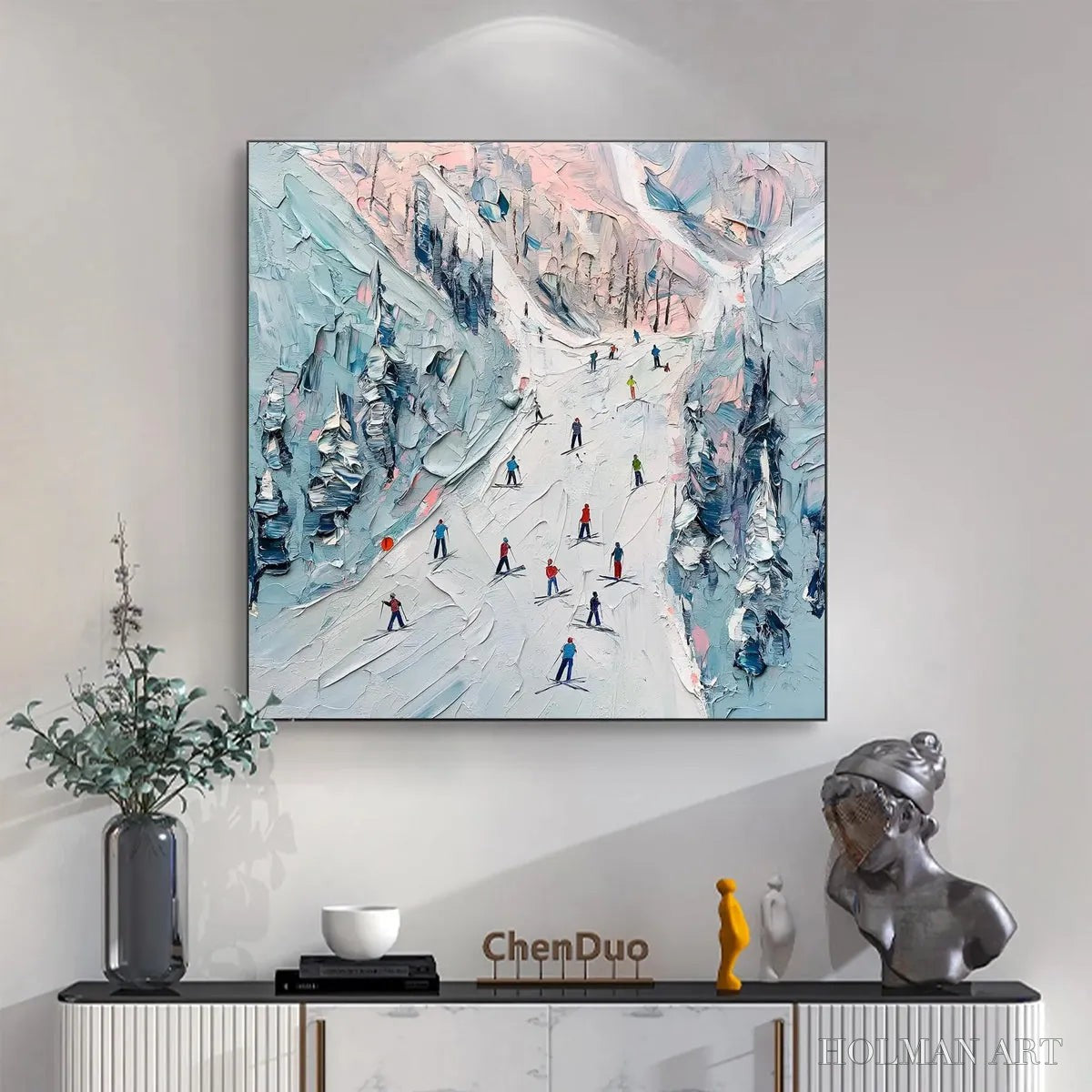 HOLMAN ART Slope Life – Textured Impasto Ski Slope Scene on Square Canvas - image 4