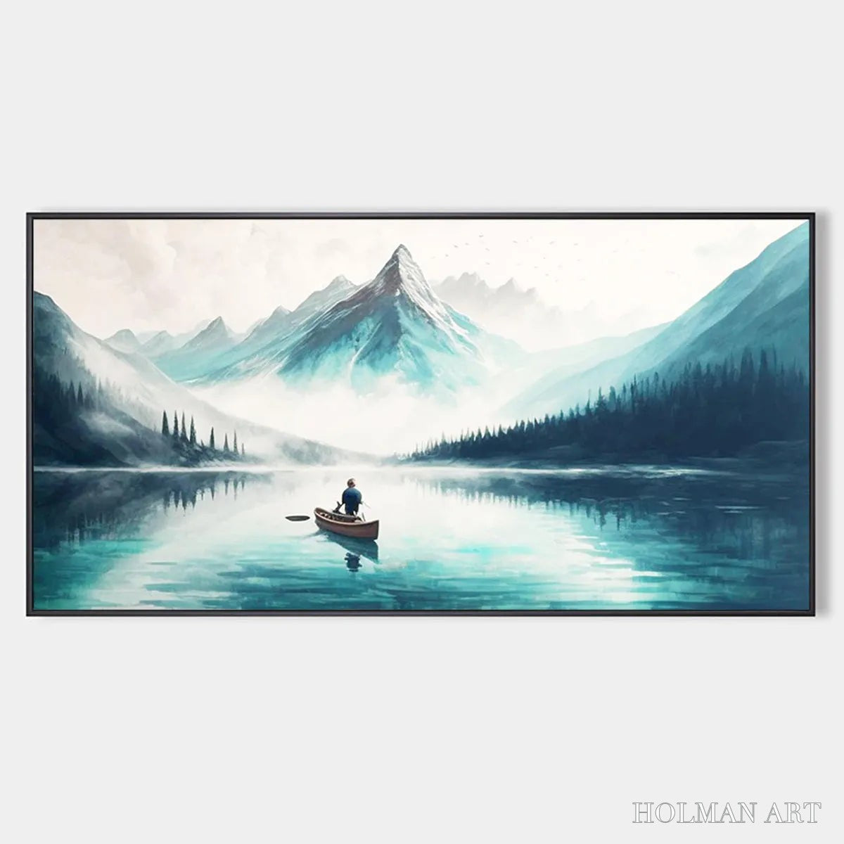 HOLMAN ART Solitude'S Embrace – Panoramic Lake and Mountain Landscape Oil Painting with Canoe - image 1