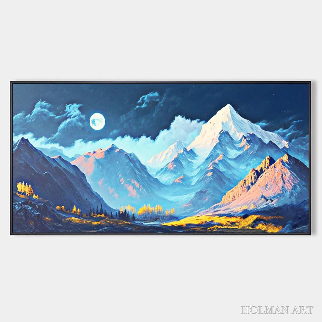 HOLMAN ART Moonlit Majesty – Panoramic Mountain Landscape Oil Painting with Moon - image 1