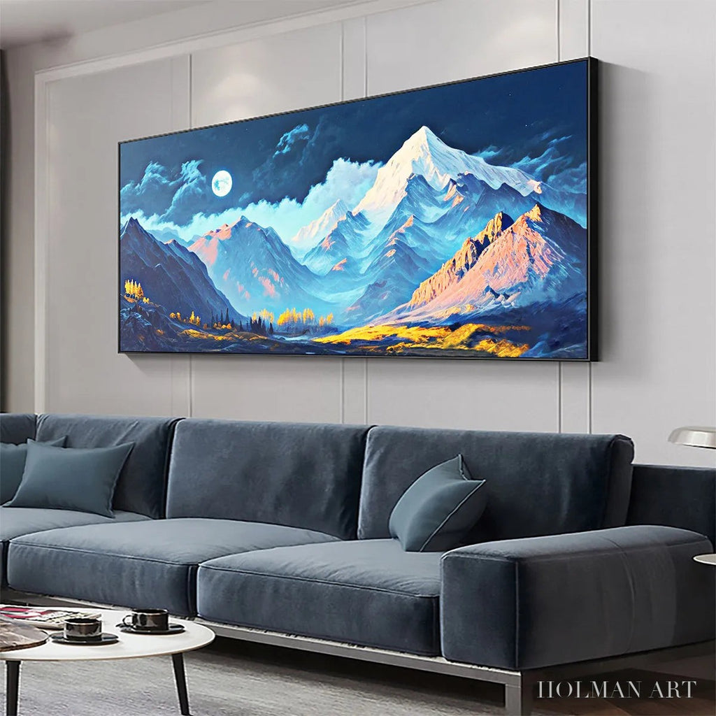 HOLMAN ART Moonlit Majesty – Panoramic Mountain Landscape Oil Painting with Moon - image 2