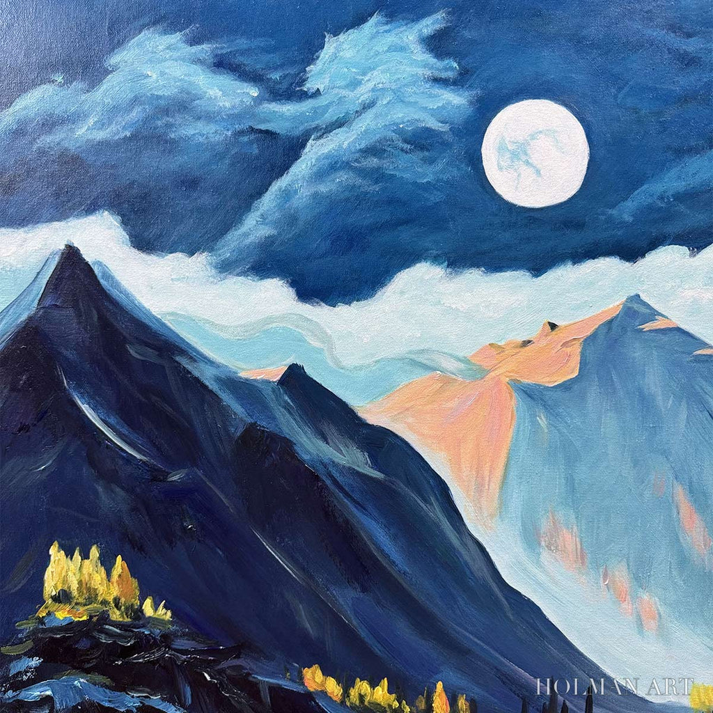 HOLMAN ART Moonlit Majesty – Panoramic Mountain Landscape Oil Painting with Moon - image 3