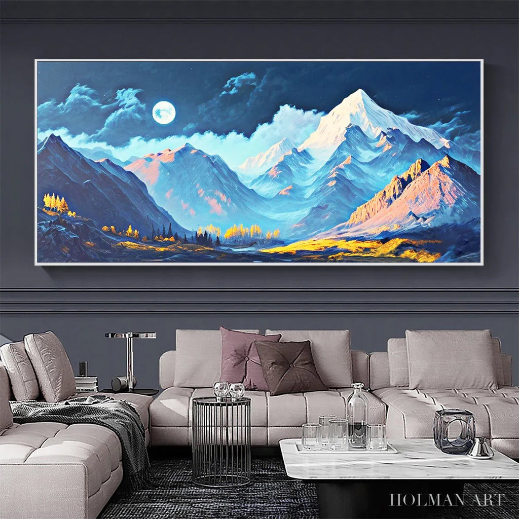 HOLMAN ART Moonlit Majesty – Panoramic Mountain Landscape Oil Painting with Moon - image 6