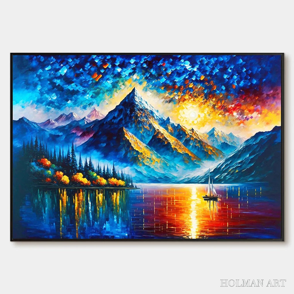 HOLMAN ART Majestic Sunrise – Mountain Landscape Oil Painting with Lake and Sailboat - image 1