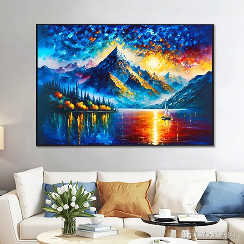 HOLMAN ART Majestic Sunrise – Mountain Landscape Oil Painting with Lake and Sailboat - image 2