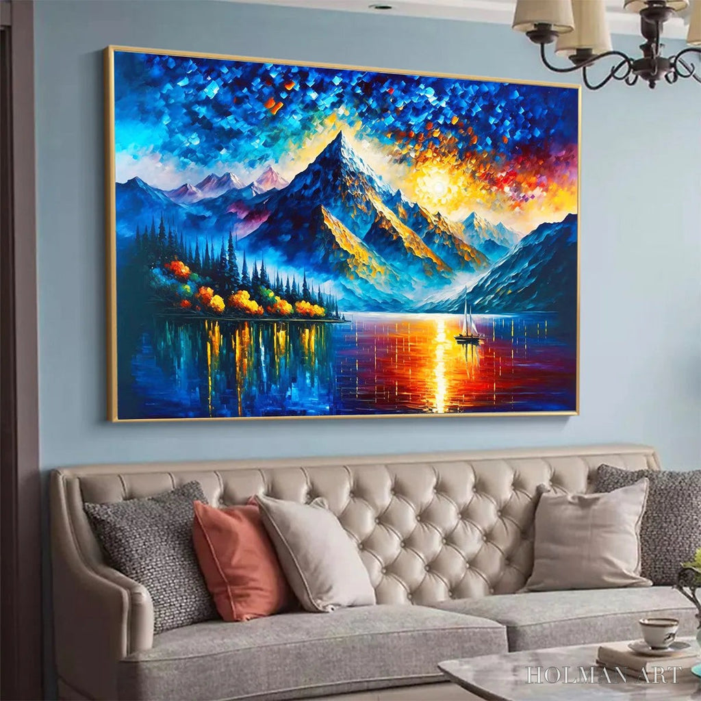HOLMAN ART Majestic Sunrise – Mountain Landscape Oil Painting with Lake and Sailboat - image 4