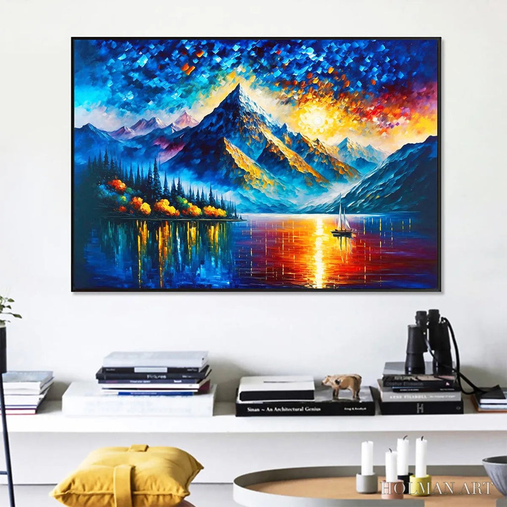 HOLMAN ART Majestic Sunrise – Mountain Landscape Oil Painting with Lake and Sailboat - image 5