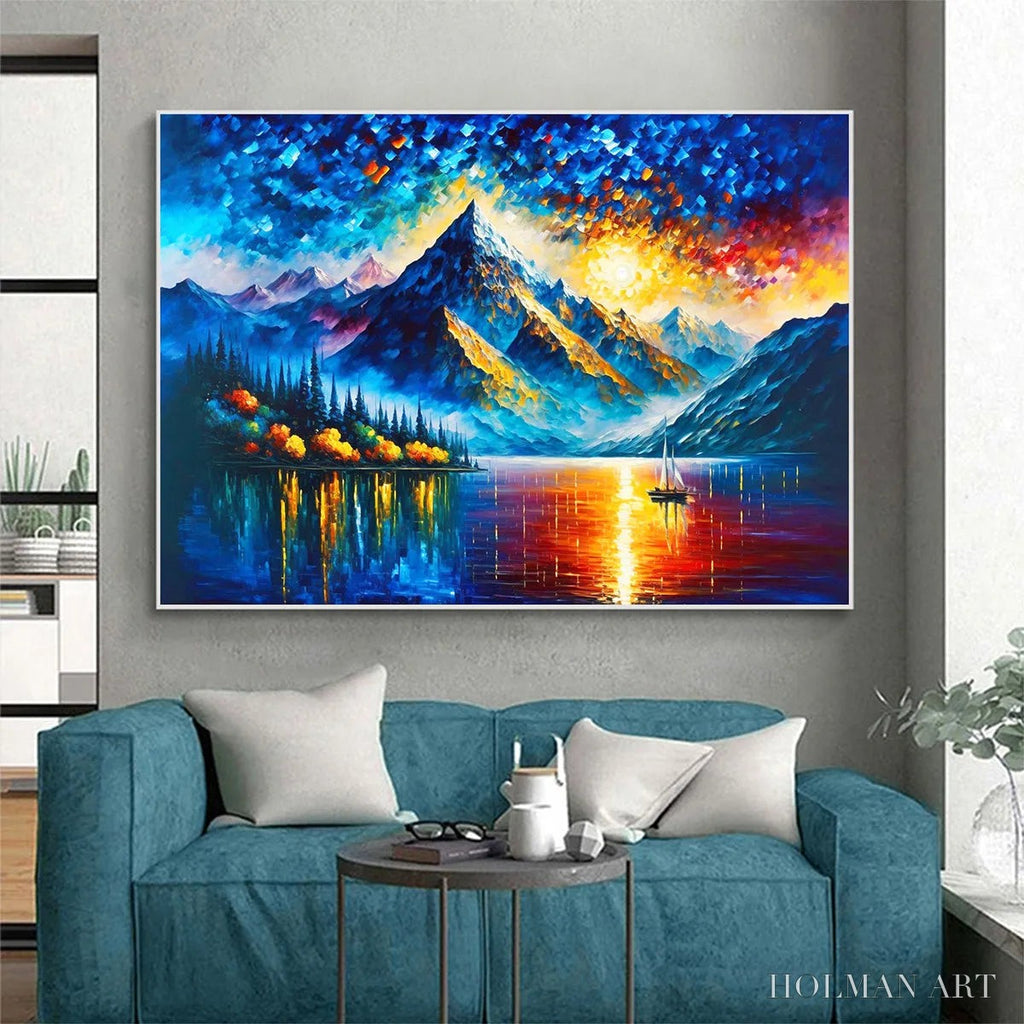 HOLMAN ART Majestic Sunrise – Mountain Landscape Oil Painting with Lake and Sailboat - image 6