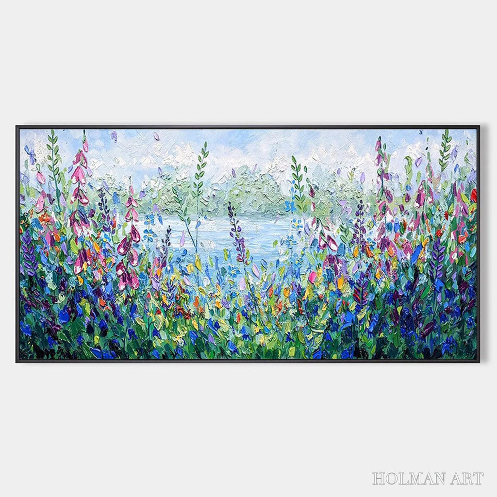 HOLMAN ART Alpine Meadow – Impasto Landscape Oil Painting with Wildflowers and Lake View - image 1