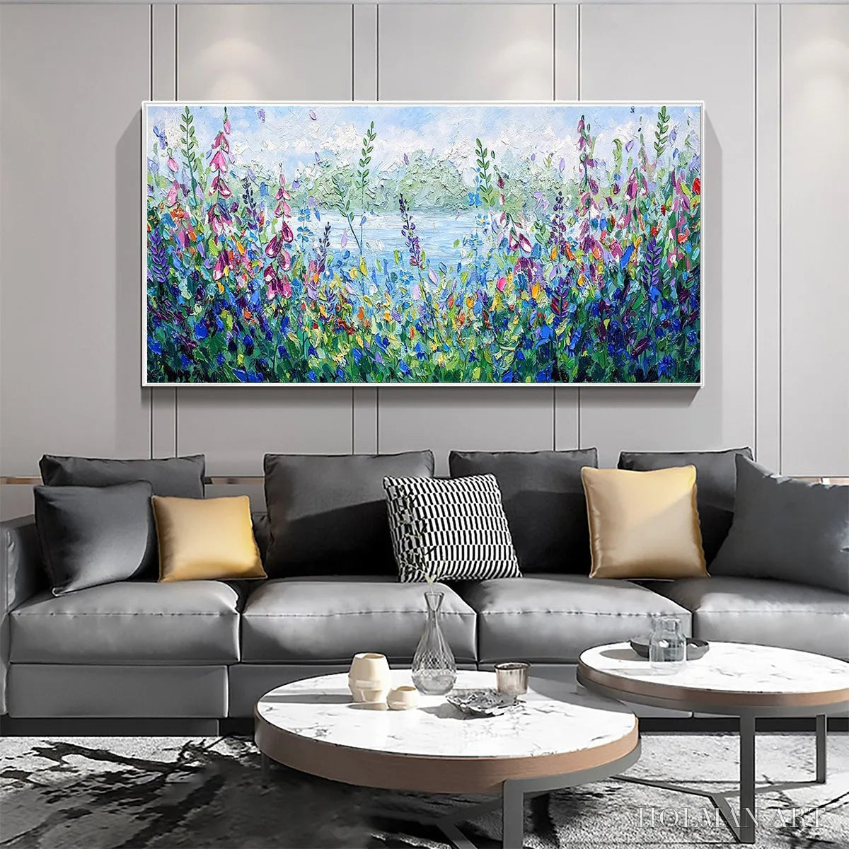 HOLMAN ART Alpine Meadow – Impasto Landscape Oil Painting with Wildflowers and Lake View - image 2