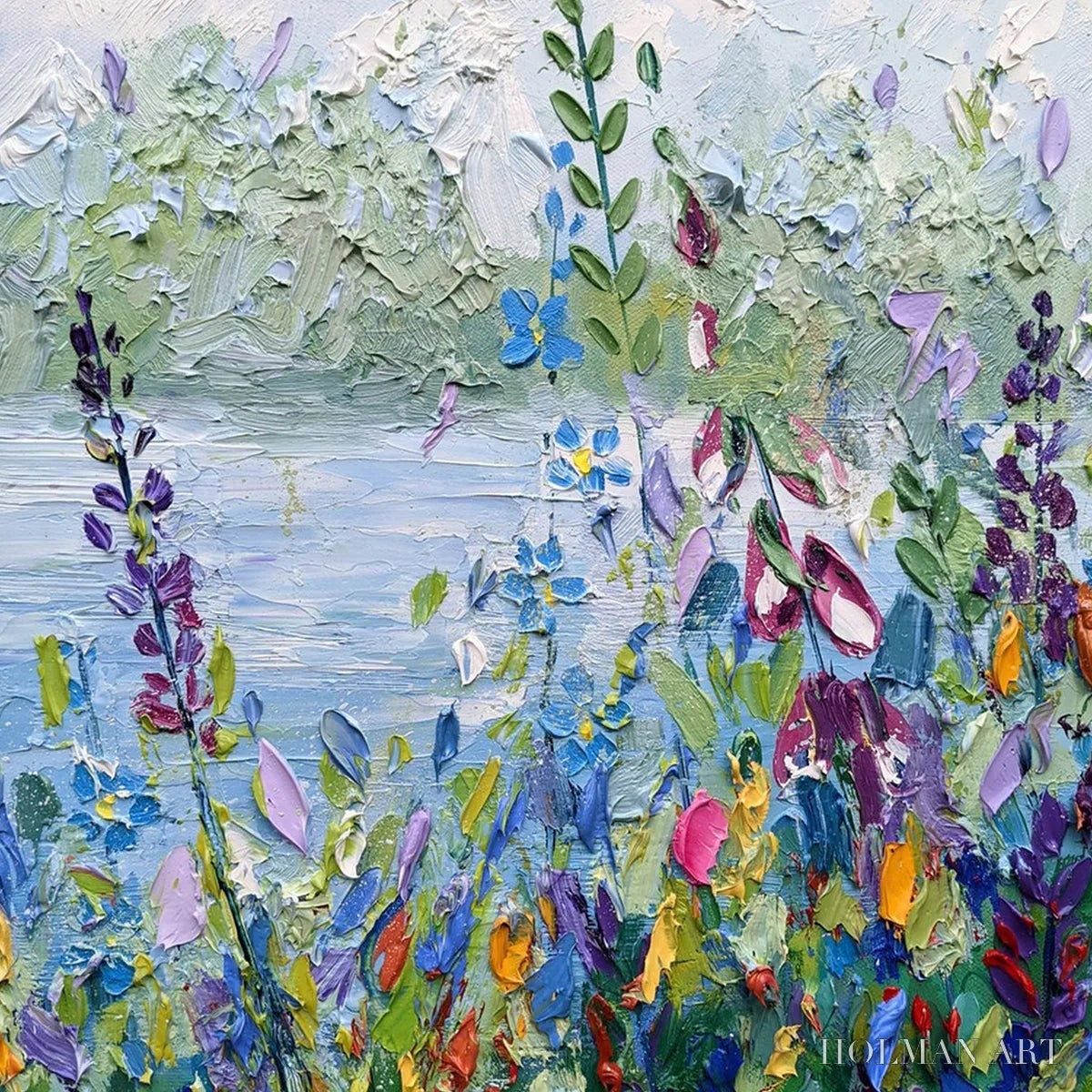 HOLMAN ART Alpine Meadow – Impasto Landscape Oil Painting with Wildflowers and Lake View - image 3