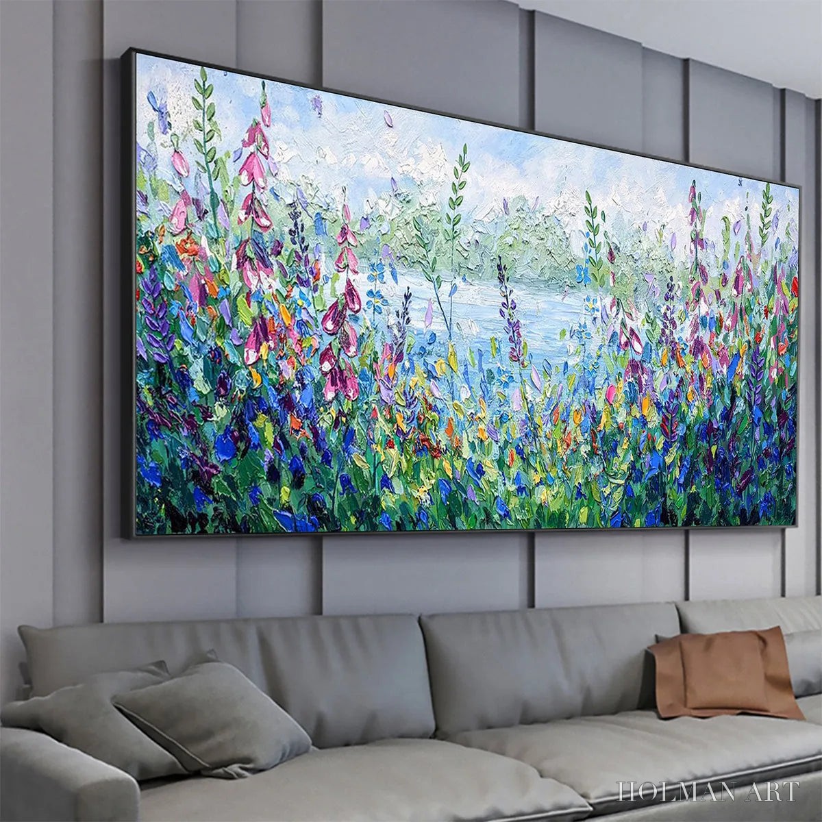 HOLMAN ART Alpine Meadow – Impasto Landscape Oil Painting with Wildflowers and Lake View - image 4