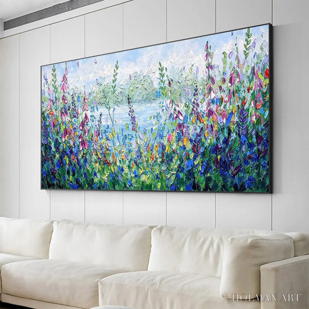 HOLMAN ART Alpine Meadow – Impasto Landscape Oil Painting with Wildflowers and Lake View - image 5