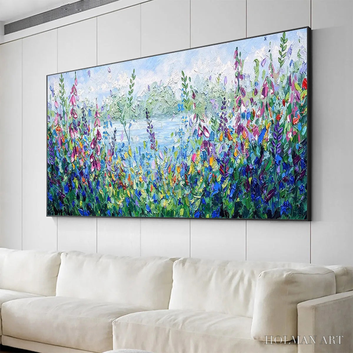 HOLMAN ART Alpine Meadow – Impasto Landscape Oil Painting with Wildflowers and Lake View - image 5