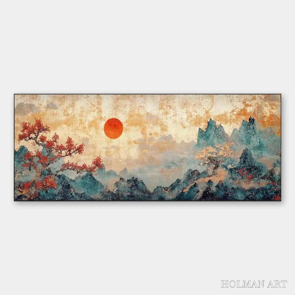 HOLMAN ART Zen Mountain Sunset Panoramic – Landscape Painting, Panoramic , Asian Decor - image 1