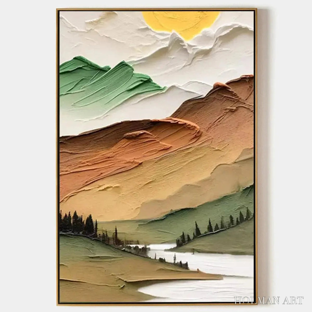 HOLMAN ART Golden Valley – Textured Mountain Landscape Painting, Green and Gold , Vertical Canvas, Impasto Decor - image 1