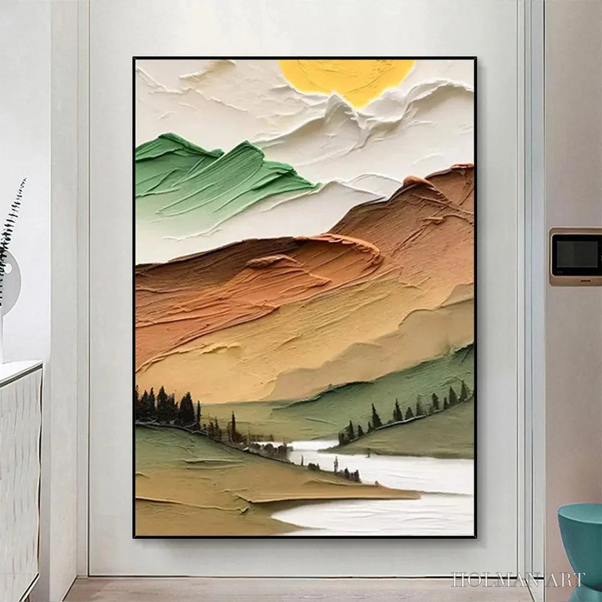 HOLMAN ART Golden Valley – Textured Mountain Landscape Painting, Green and Gold , Vertical Canvas, Impasto Decor - image 4