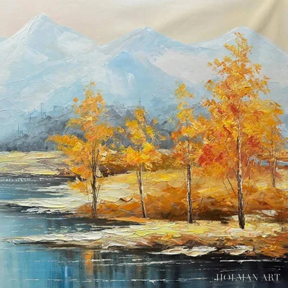 HOLMAN ART Golden Autumn Valley – Traditional Landscape Painting in Yellow and Blue - image 3