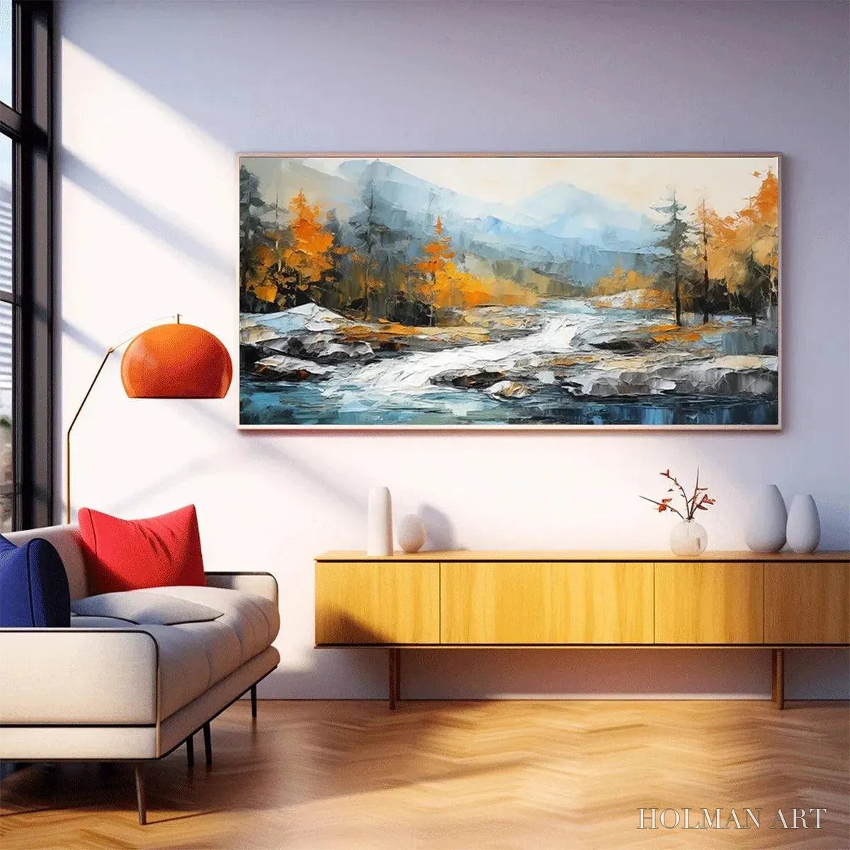 HOLMAN ART Autumn River – Textured Landscape Painting with River and Mountains - image 2