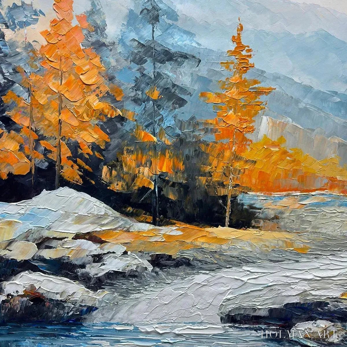 HOLMAN ART Autumn River – Textured Landscape Painting with River and Mountains - image 3