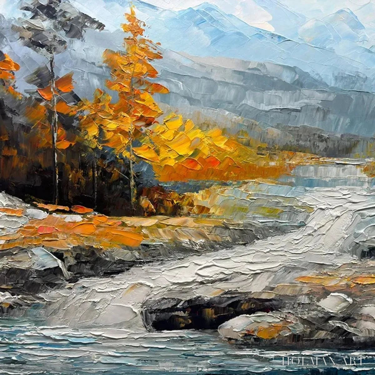 HOLMAN ART Autumn River – Textured Landscape Painting with River and Mountains - image 6