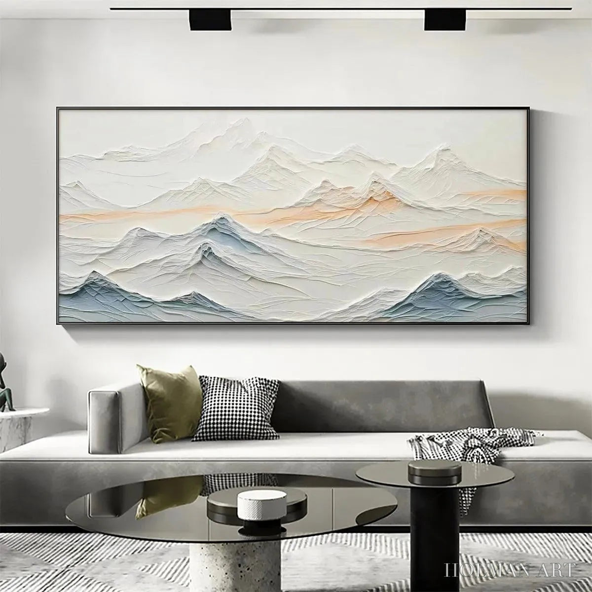 HOLMAN ART Tranquil Peaks – Textured Abstract Mountain Landscape Painting in Beige and Blue - image 2