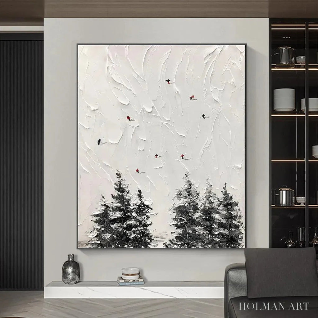 HOLMAN ART Alpine Ski – Textured Minimalist Ski Scene Painting in Black and White - image 2