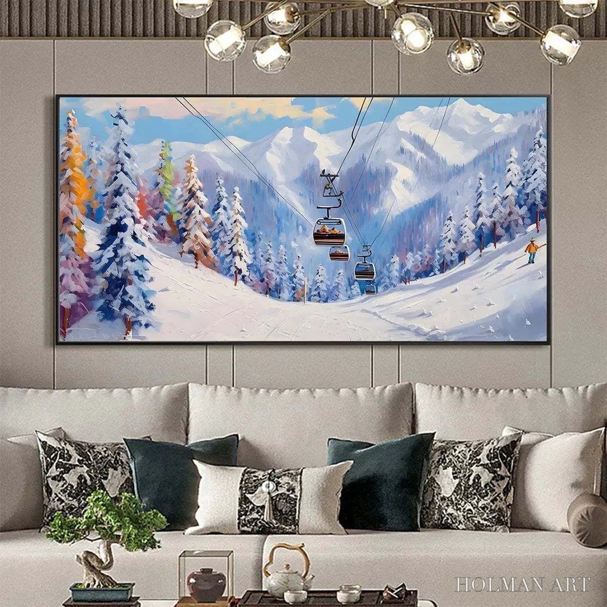 HOLMAN ART Snowy Slopes – Panoramic Ski Resort Landscape Painting - image 2