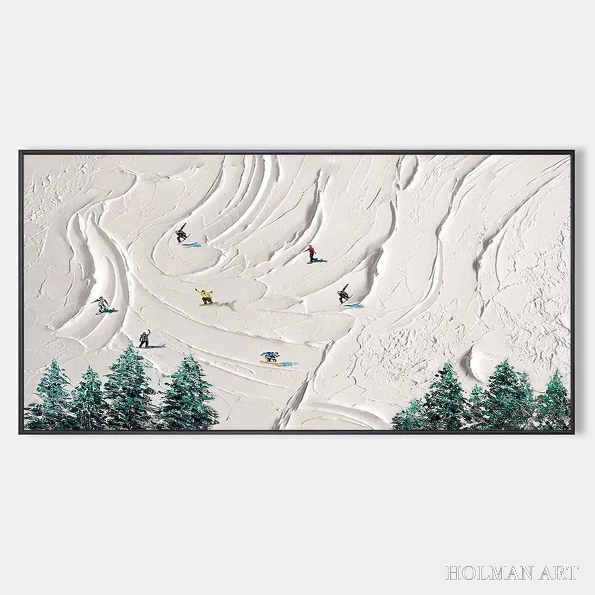 HOLMAN ART Snowy Peaks – Textured Minimalist Winter Landscape Painting with Skiers - image 1