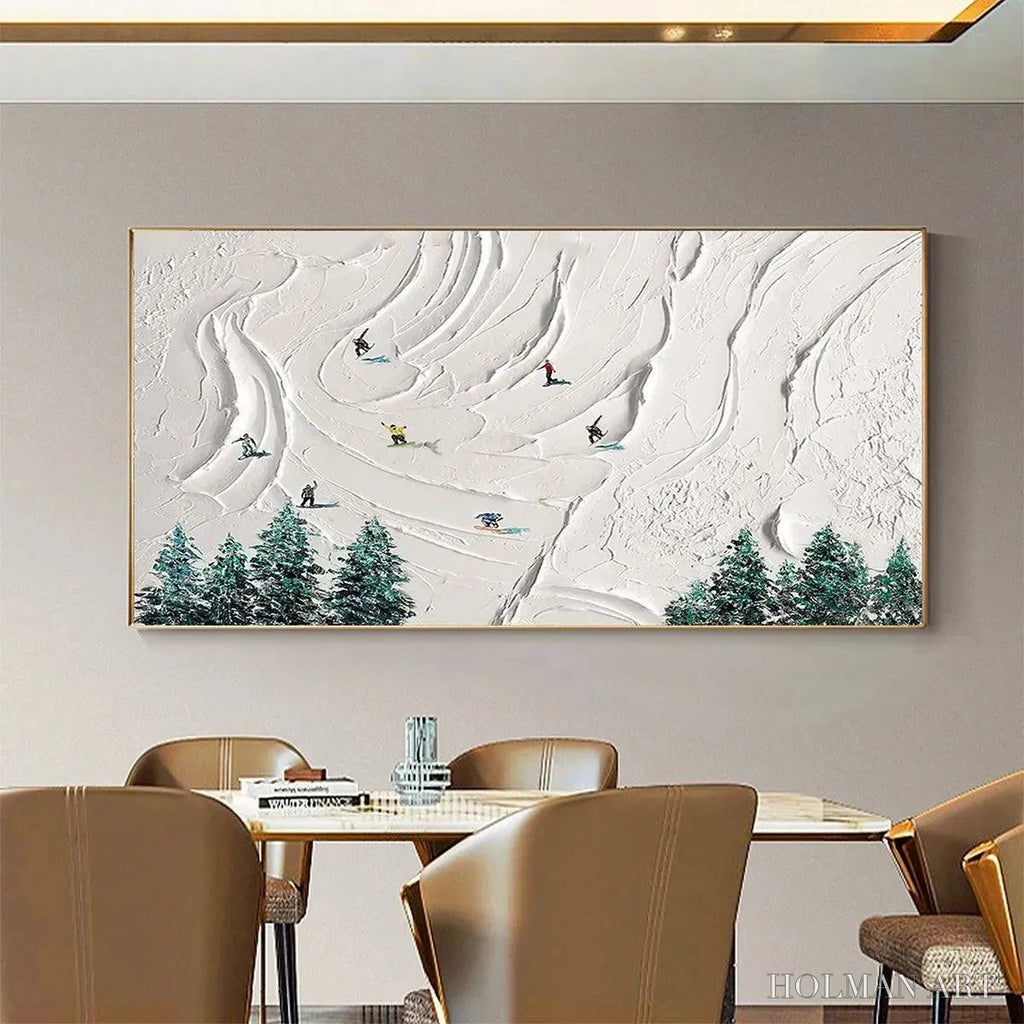 HOLMAN ART Snowy Peaks – Textured Minimalist Winter Landscape Painting with Skiers - image 2