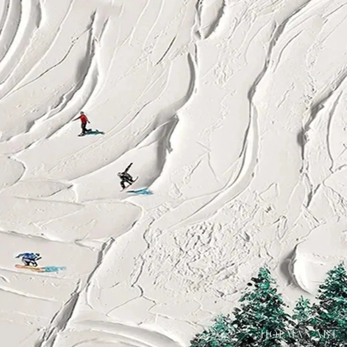 HOLMAN ART Snowy Peaks – Textured Minimalist Winter Landscape Painting with Skiers - image 3