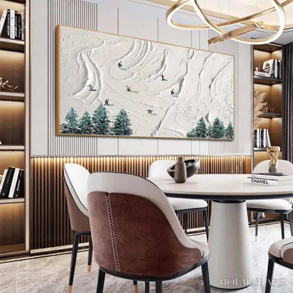 HOLMAN ART Snowy Peaks – Textured Minimalist Winter Landscape Painting with Skiers - image 4