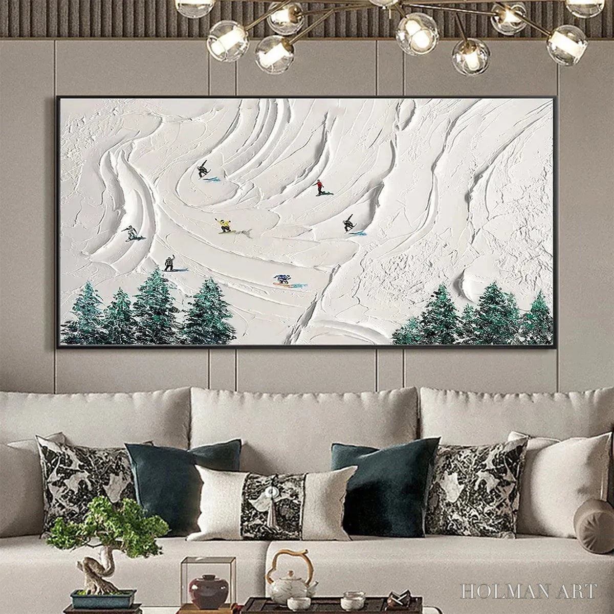 HOLMAN ART Snowy Peaks – Textured Minimalist Winter Landscape Painting with Skiers - image 6
