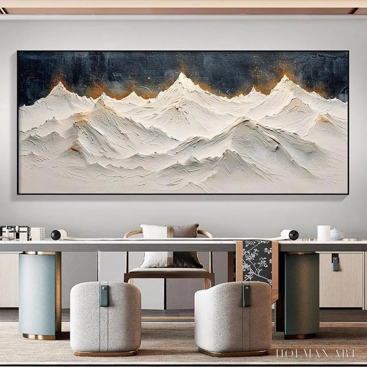 HOLMAN ART Snowy Peaks – Textured White and Gold Mountain Painting - image 4