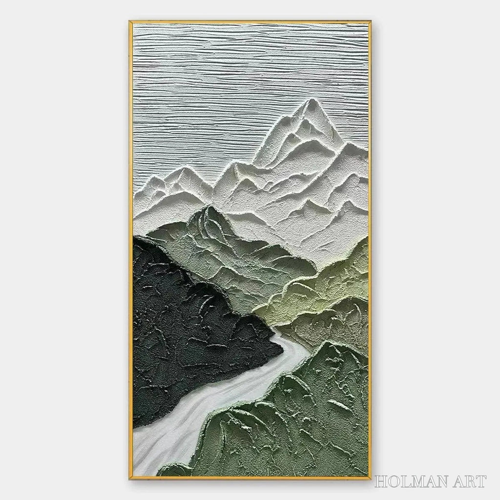 HOLMAN ART Jade Peak – Textured Green and White Mountain Landscape Painting - image 1