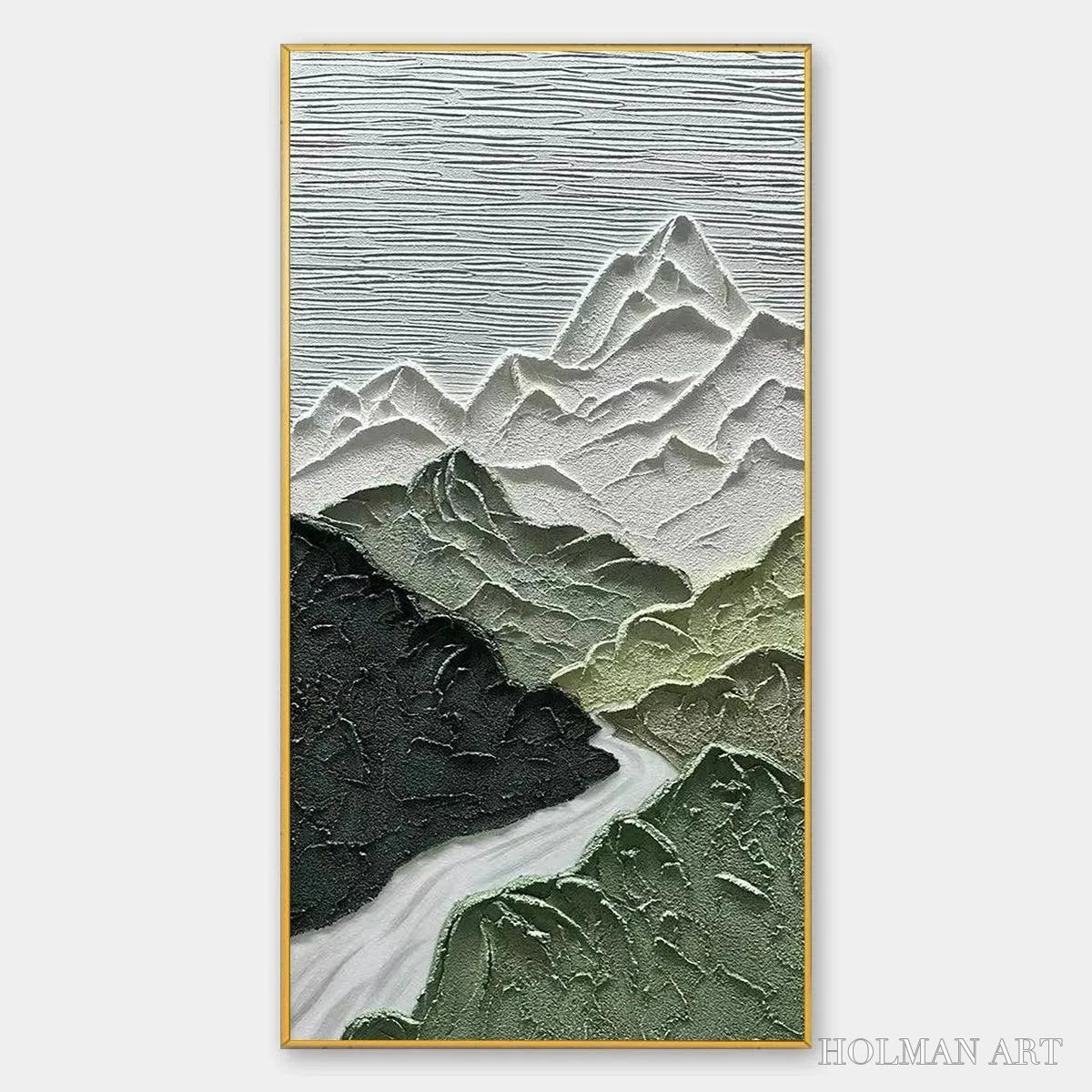 HOLMAN ART Jade Peak – Textured Green and White Mountain Landscape Painting - image 1