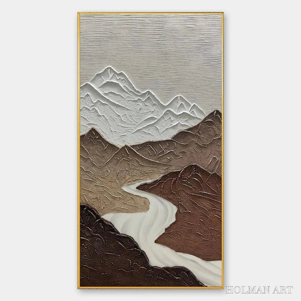 HOLMAN ART Earth River – Textured Brown and White Mountain River Landscape Painting - image 1
