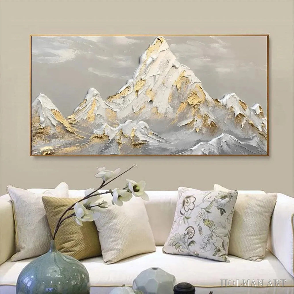 HOLMAN ART Golden Peaks – Textured Mountain Landscape Painting in Gold and Grey - image 2