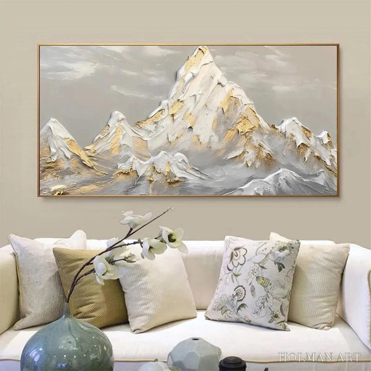 HOLMAN ART Golden Peaks – Textured Mountain Landscape Painting in Gold and Grey - image 2