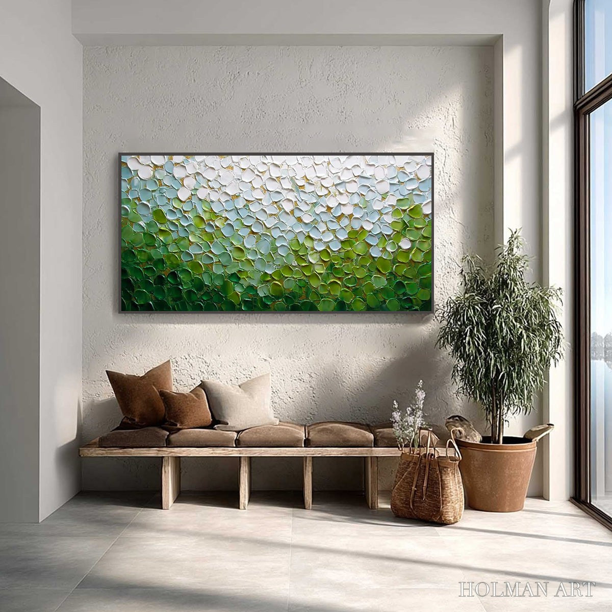 HOLMAN ART Emerald Petals – Textured Abstract Green & White Impasto Landscape Painting - image 2