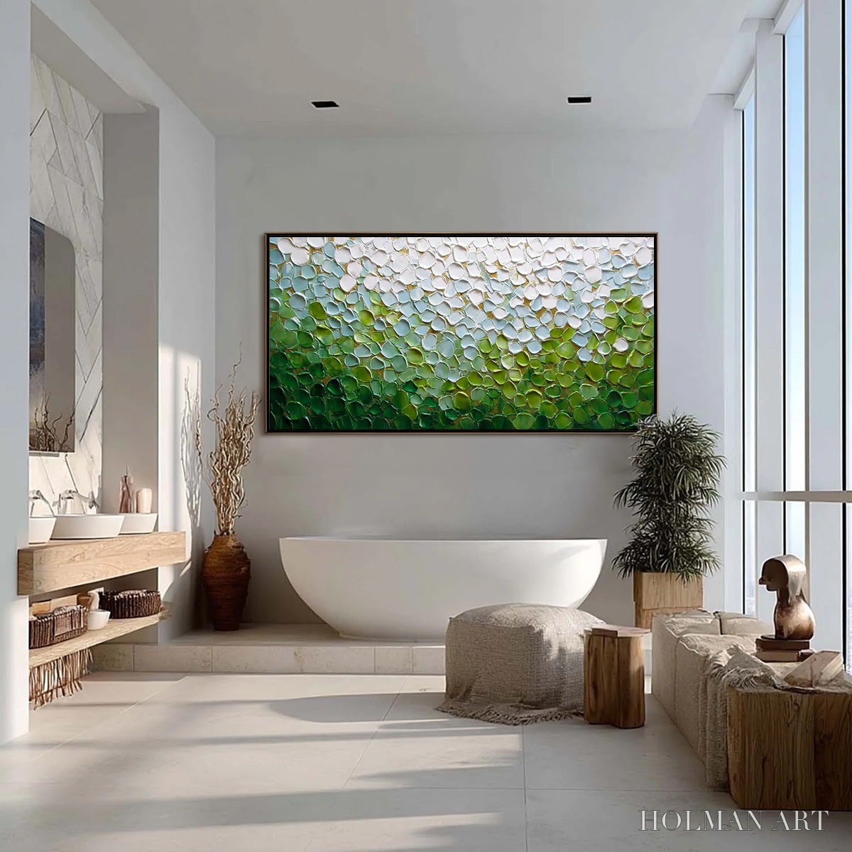 HOLMAN ART Emerald Petals – Textured Abstract Green & White Impasto Landscape Painting - image 4