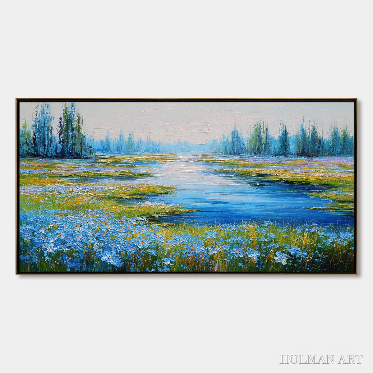HOLMAN ART Azure Reverie – Textured Palette Knife Painting of a Serene Lakeside Meadow - image 1
