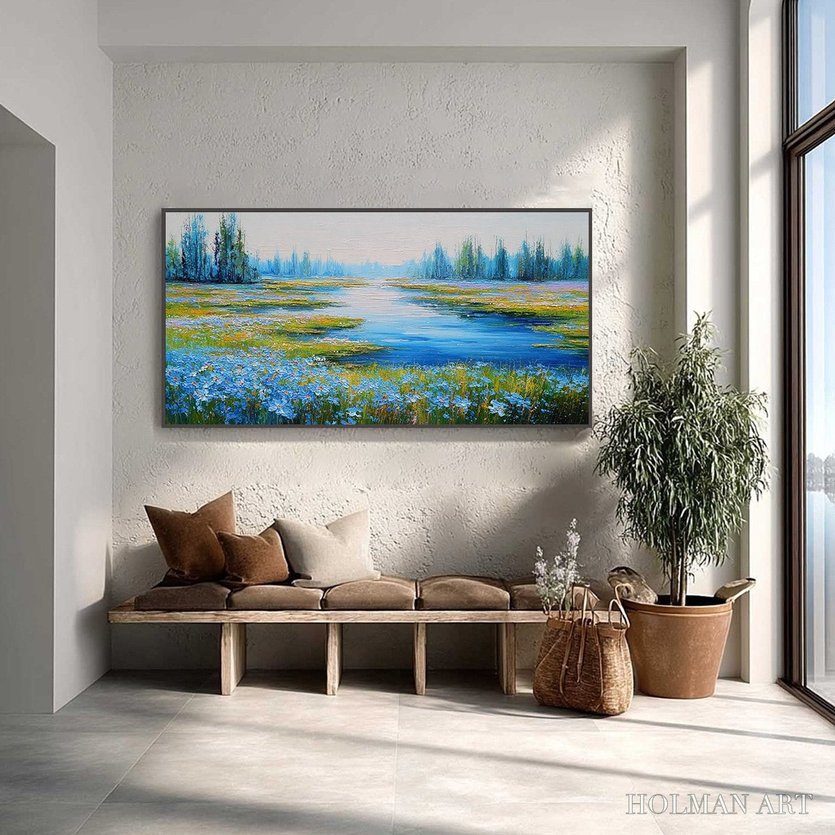 HOLMAN ART Azure Reverie – Textured Palette Knife Painting of a Serene Lakeside Meadow - image 2
